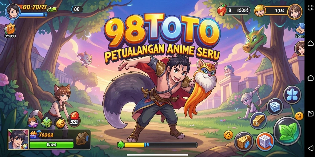 Tangkapan layar utama 98TOTO menampilkan aksi seru karakter anime.