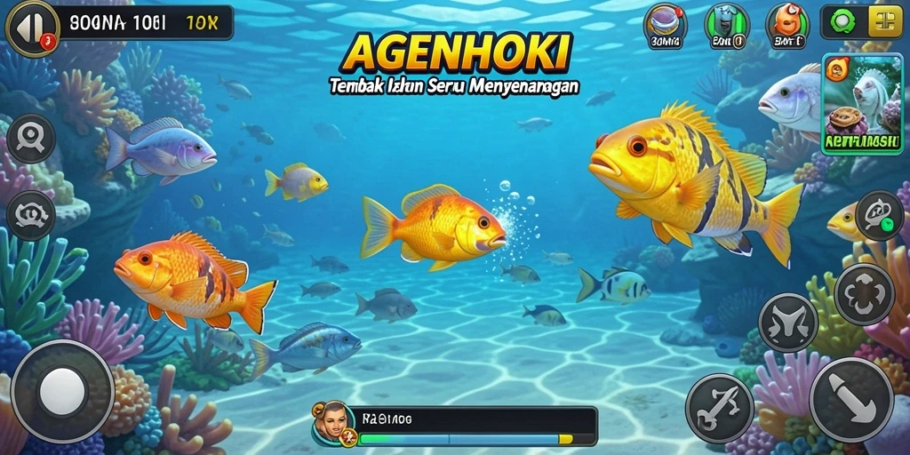 Tangkapan layar gameplay AGENHOKI menampilkan aksi menembak ikan yang mendebarkan.