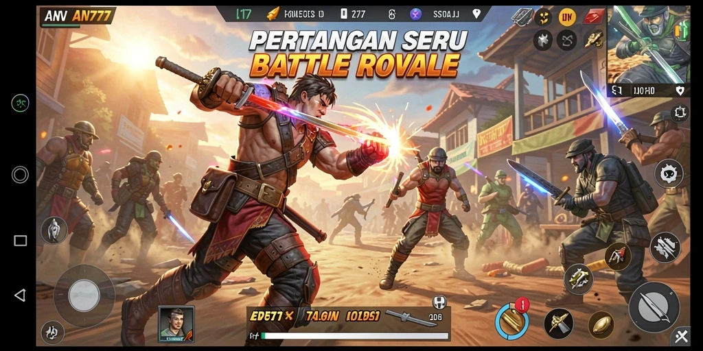 Tangkapan layar gameplay AN777 dengan aksi pertempuran intens di Battle Royale.