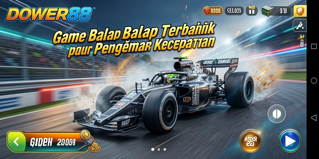 Gameplay DOWER88 dengan mobil balap yang cepat dan lintasan menantang.