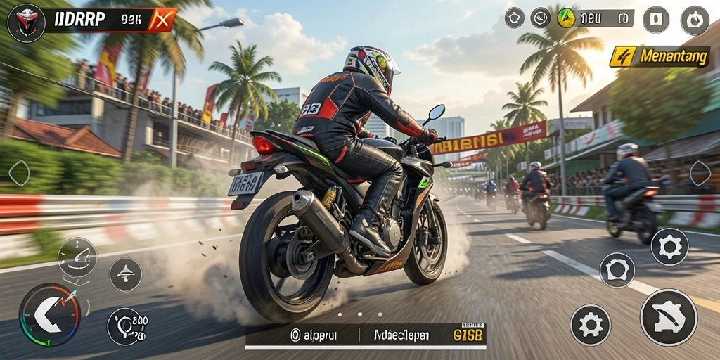 Tampilan gameplay menegangkan di dalam IDRRP yang penuh aksi balapan motor.