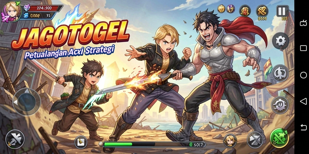 Tampilan dinamis gameplay JAGOTOGEL yang penuh warna dan karakter menarik.