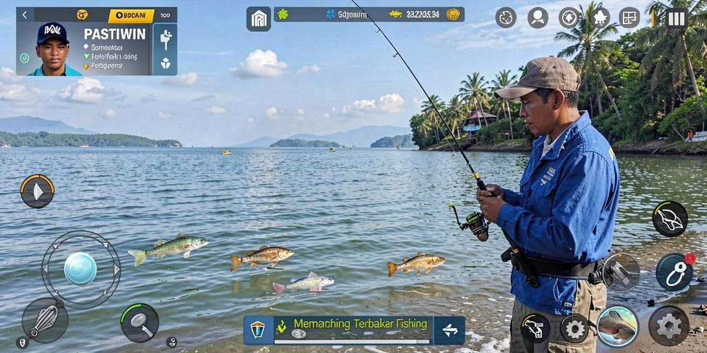 Tampilan gameplay PASTIWIN dengan berbagai lokasi memancing yang indah.